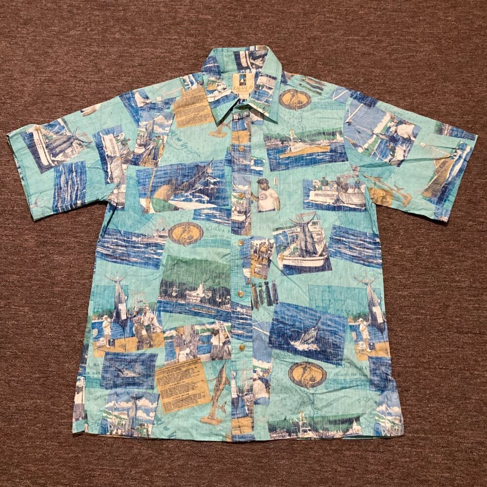 Kahala Hawaiian Shirt Men Large AVI Collection Fishing‎ Button Up Handcrafted